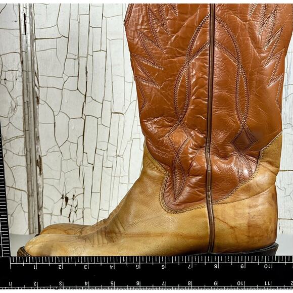 VTG Sanders Men’s Handmade WESTERN Cowboy BOOTS 8D Mexico Light Brown Leather - Picture 10 of 13